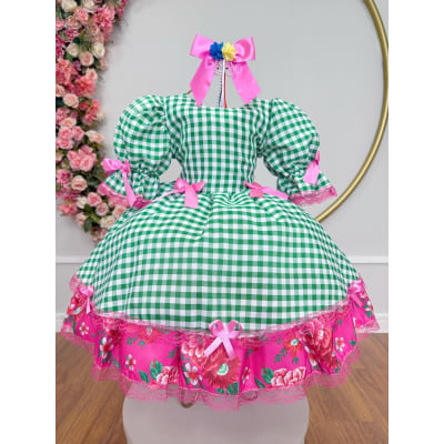 Vestido Infantil Junino Arraiá Caipira Xadrez Verde Florido
