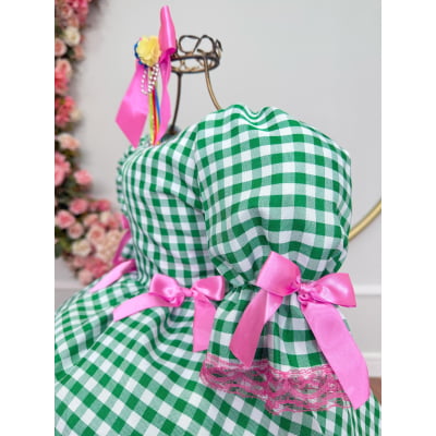 Vestido Infantil Junino Arraiá Caipira Xadrez Verde Florido