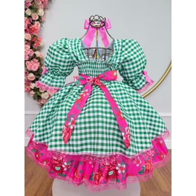 Vestido Infantil Junino Arraiá Caipira Xadrez Verde Florido