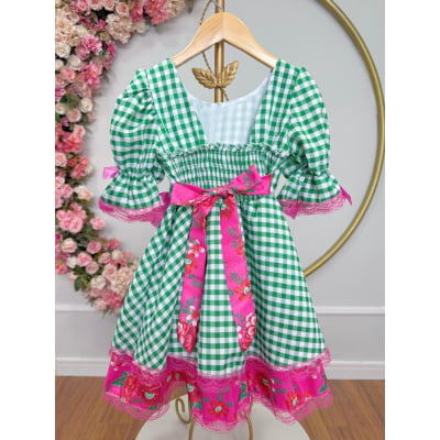 Vestido Infantil Junino Arraiá Caipira Xadrez Verde Florido