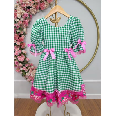 Vestido Infantil Junino Arraiá Caipira Xadrez Verde Florido