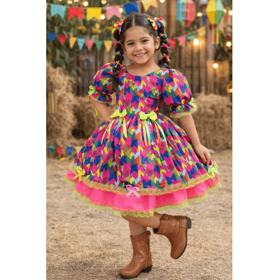 Vestido Infantil Junino Arraiá Capira Bandeirinhas Coloridas