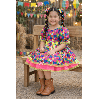 Vestido Infantil Junino Arraiá Capira Bandeirinhas Coloridas