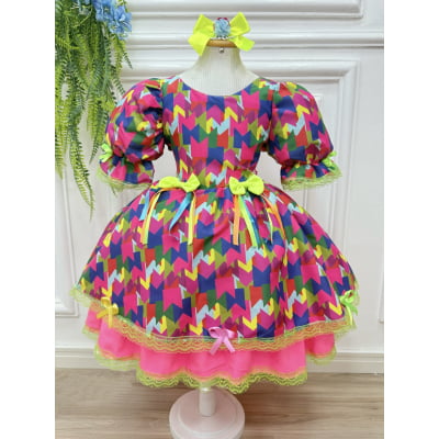 Vestido Infantil Junino Arraiá Capira Bandeirinhas Coloridas