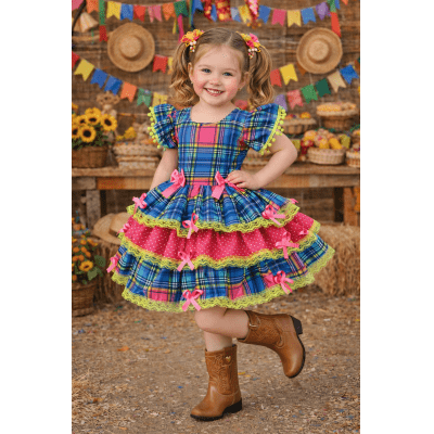 Vestido Infantil Junino Arraiá Capira Xadrez Azul Colorido