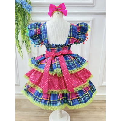 Vestido Infantil Junino Arraiá Capira Xadrez Azul Colorido