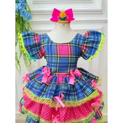 Vestido Infantil Junino Arraiá Capira Xadrez Azul Colorido