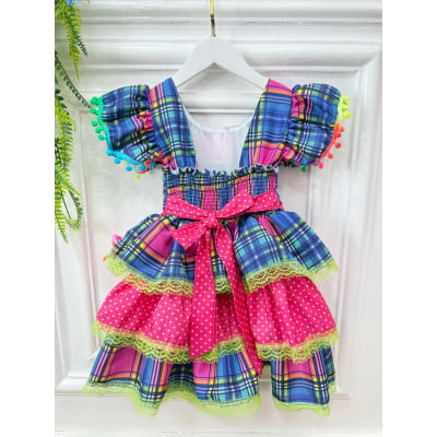 Vestido Infantil Junino Arraiá Capira Xadrez Azul Colorido