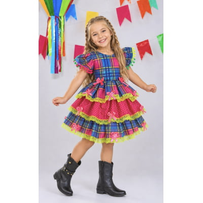 Vestido Infantil Junino Arraiá Capira Xadrez Azul Colorido Vestido Infantil Junino Arraiá Capira Xadrez Azul Colorido