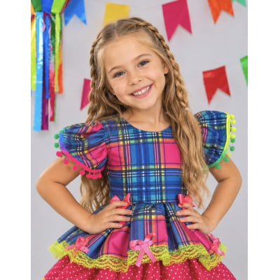 Vestido Infantil Junino Arraiá Capira Xadrez Azul Colorido