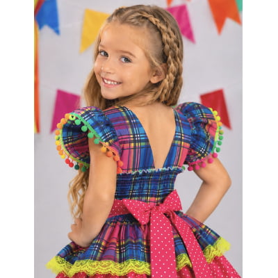 Vestido Infantil Junino Arraiá Capira Xadrez Azul Colorido