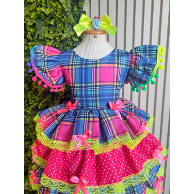 Vestido Infantil Junino Arraiá Capira Xadrez Azul Colorido
