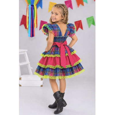 Vestido Infantil Junino Arraiá Capira Xadrez Azul Colorido