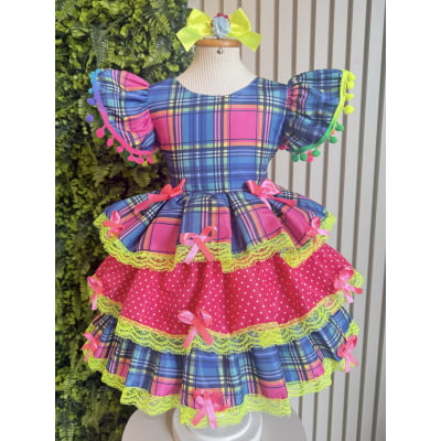 Vestido Infantil Junino Arraiá Capira Xadrez Azul Colorido