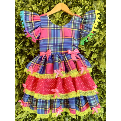 Vestido Infantil Junino Arraiá Capira Xadrez Azul Colorido