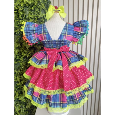 Vestido Infantil Junino Arraiá Capira Xadrez Azul Colorido