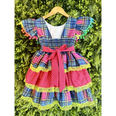 Vestido Infantil Junino Arraiá Capira Xadrez Azul Colorido