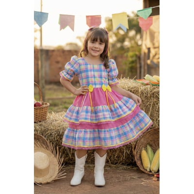 Vestido Infantil Junino Arraiá Capira Xadrez Colorido Azul