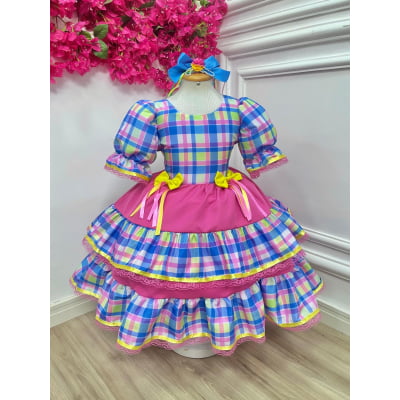 Vestido Infantil Junino Arraiá Capira Xadrez Colorido Azul