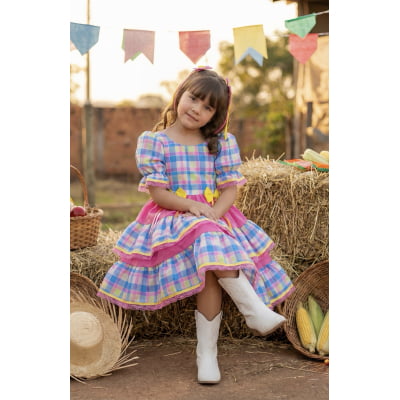 Vestido Infantil Junino Arraiá Capira Xadrez Colorido Azul