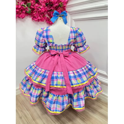 Vestido Infantil Junino Arraiá Capira Xadrez Colorido Azul