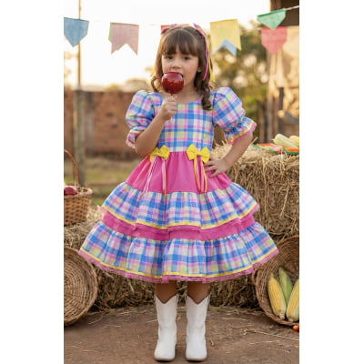 Vestido Infantil Junino Arraiá Capira Xadrez Colorido Azul Vestido Infantil Junino Arraiá Capira Xadrez Colorido Azul