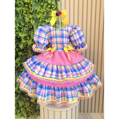 Vestido Infantil Junino Arraiá Capira Xadrez Colorido Azul