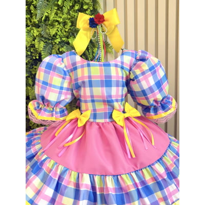 Vestido Infantil Junino Arraiá Capira Xadrez Colorido Azul