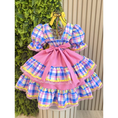 Vestido Infantil Junino Arraiá Capira Xadrez Colorido Azul