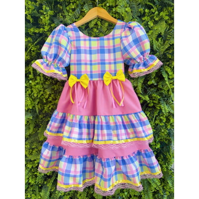 Vestido Infantil Junino Arraiá Capira Xadrez Colorido Azul