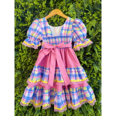 Vestido Infantil Junino Arraiá Capira Xadrez Colorido Azul