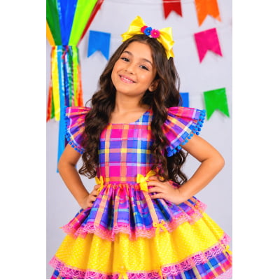 Vestido Infantil Junino Arraiá Capira Xadrez Colorido com Laços e Renda