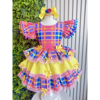 Vestido Infantil Junino Arraiá Capira Xadrez Colorido com Laços e Renda