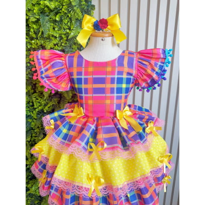 Vestido Infantil Junino Arraiá Capira Xadrez Colorido com Laços e Renda