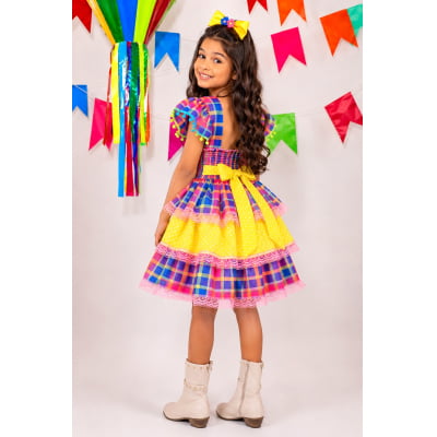 Vestido Infantil Junino Arraiá Capira Xadrez Colorido com Laços e Renda