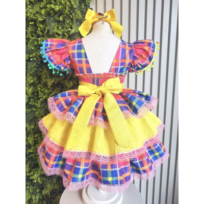 Vestido Infantil Junino Arraiá Capira Xadrez Colorido com Laços e Renda