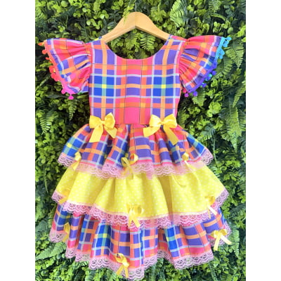 Vestido Infantil Junino Arraiá Capira Xadrez Colorido com Laços e Renda