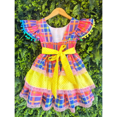 Vestido Infantil Junino Arraiá Capira Xadrez Colorido com Laços e Renda