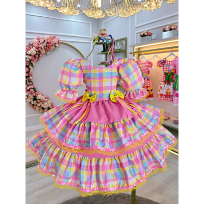 Vestido Infantil Junino Arraiá Capira Xadrez Colorido Rosa Vestido Infantil Junino Arraiá Capira Xadrez Colorido Rosa