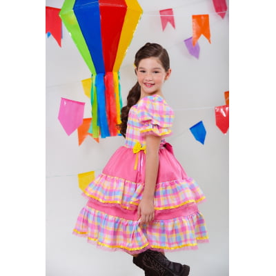 Vestido Infantil Junino Arraiá Capira Xadrez Colorido Rosa