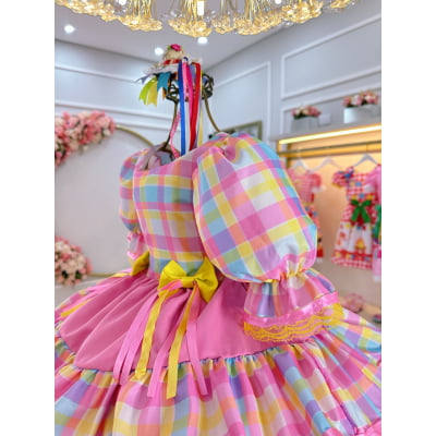 Vestido Infantil Junino Arraiá Capira Xadrez Colorido Rosa