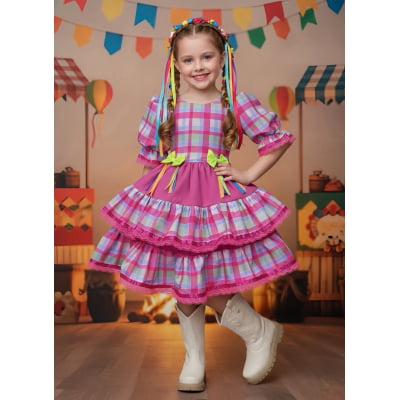Vestido Infantil Junino Arraiá Capira Xadrez Colorido Verde
