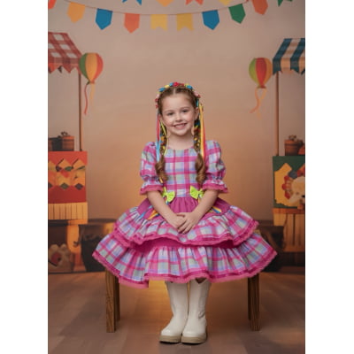 Vestido Infantil Junino Arraiá Capira Xadrez Colorido Verde