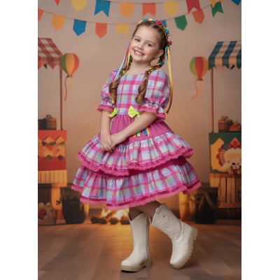 Vestido Infantil Junino Arraiá Capira Xadrez Colorido Verde