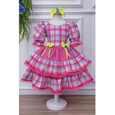 Vestido Infantil Junino Arraiá Capira Xadrez Colorido Verde