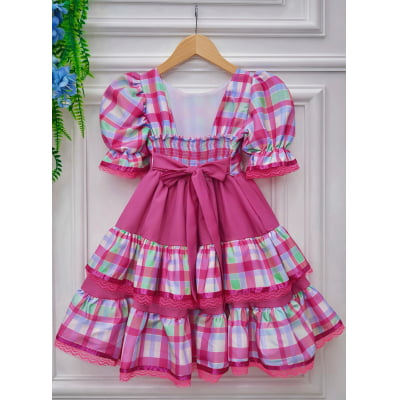 Vestido Infantil Junino Arraiá Capira Xadrez Colorido Verde