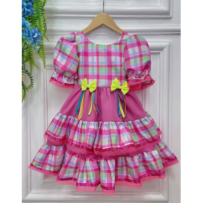 Vestido Infantil Junino Arraiá Capira Xadrez Colorido Verde