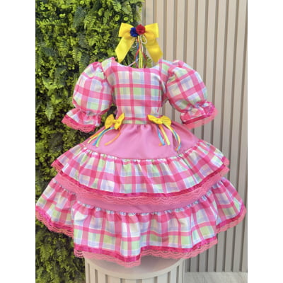 Vestido Infantil Junino Arraiá Capira Xadrez Colorido Verde