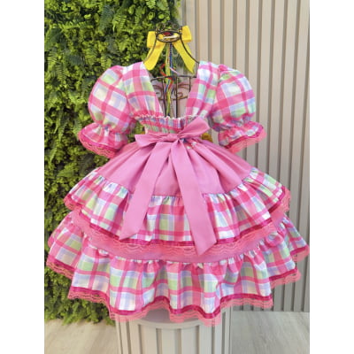 Vestido Infantil Junino Arraiá Capira Xadrez Colorido Verde