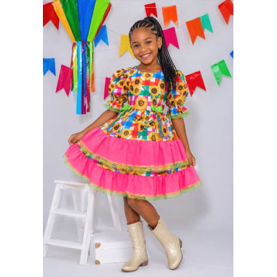 Vestido Infantil Junino Arraiá Colorido Girassol Luxo Vestido Infantil Junino Arraiá Colorido Girassol Luxo